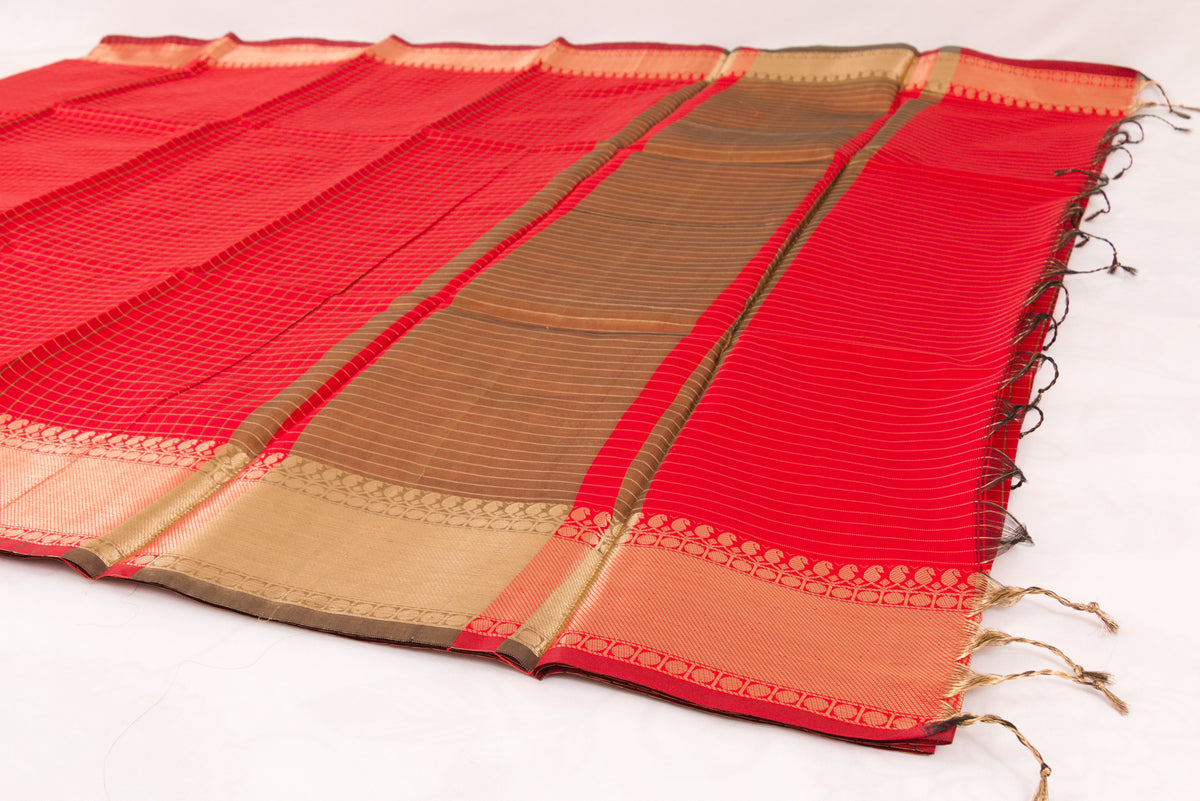 Banarasi Semi Katan Soft Sarees – Cadmium Red – Katan Silk Sarees – Gold zari weaving all over New Check pettern designs - P000412