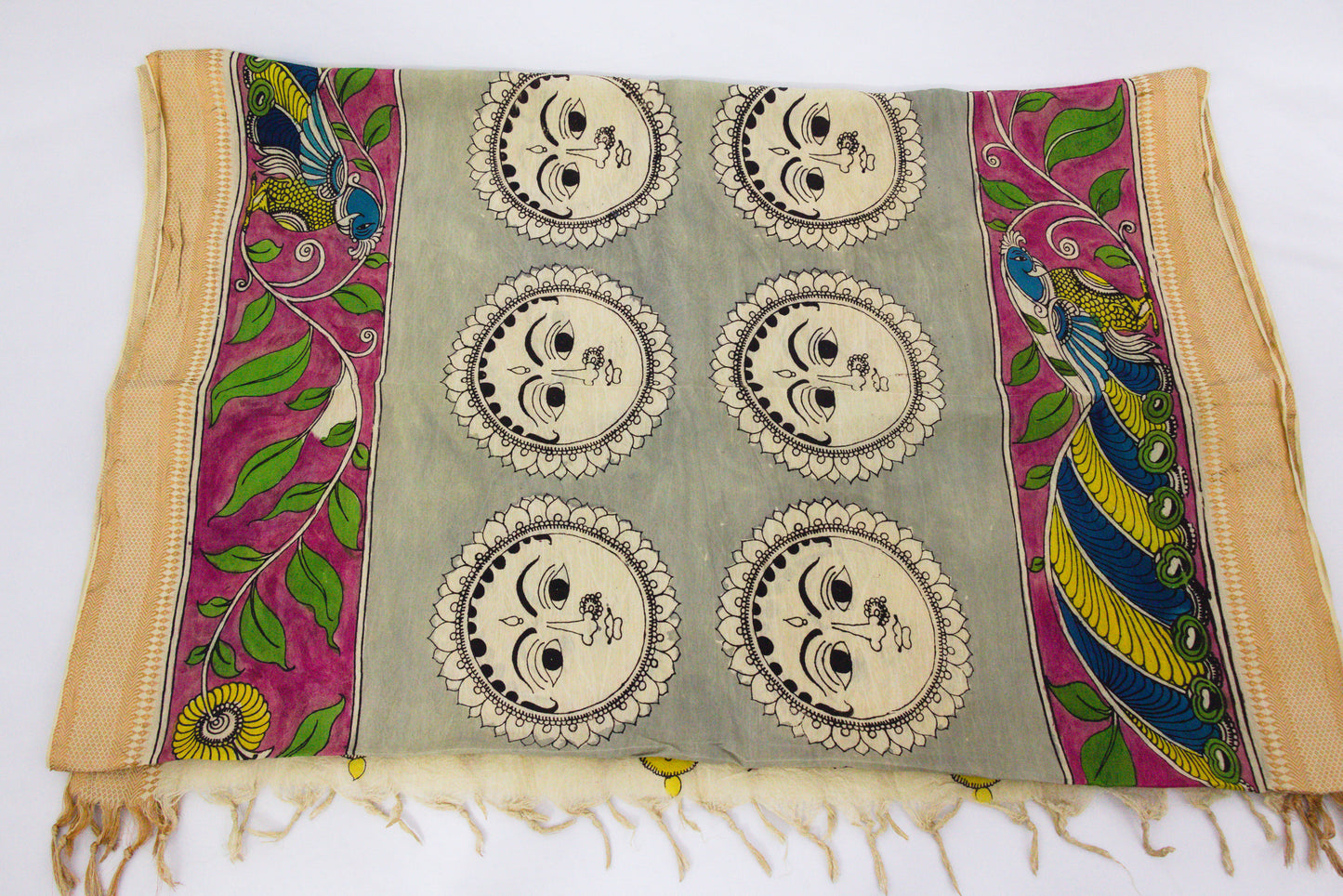 Srikalahasthi Kalamkari handpainted handloom Dupattah with Mangalagiri Border – Bangalore Silk-P0005