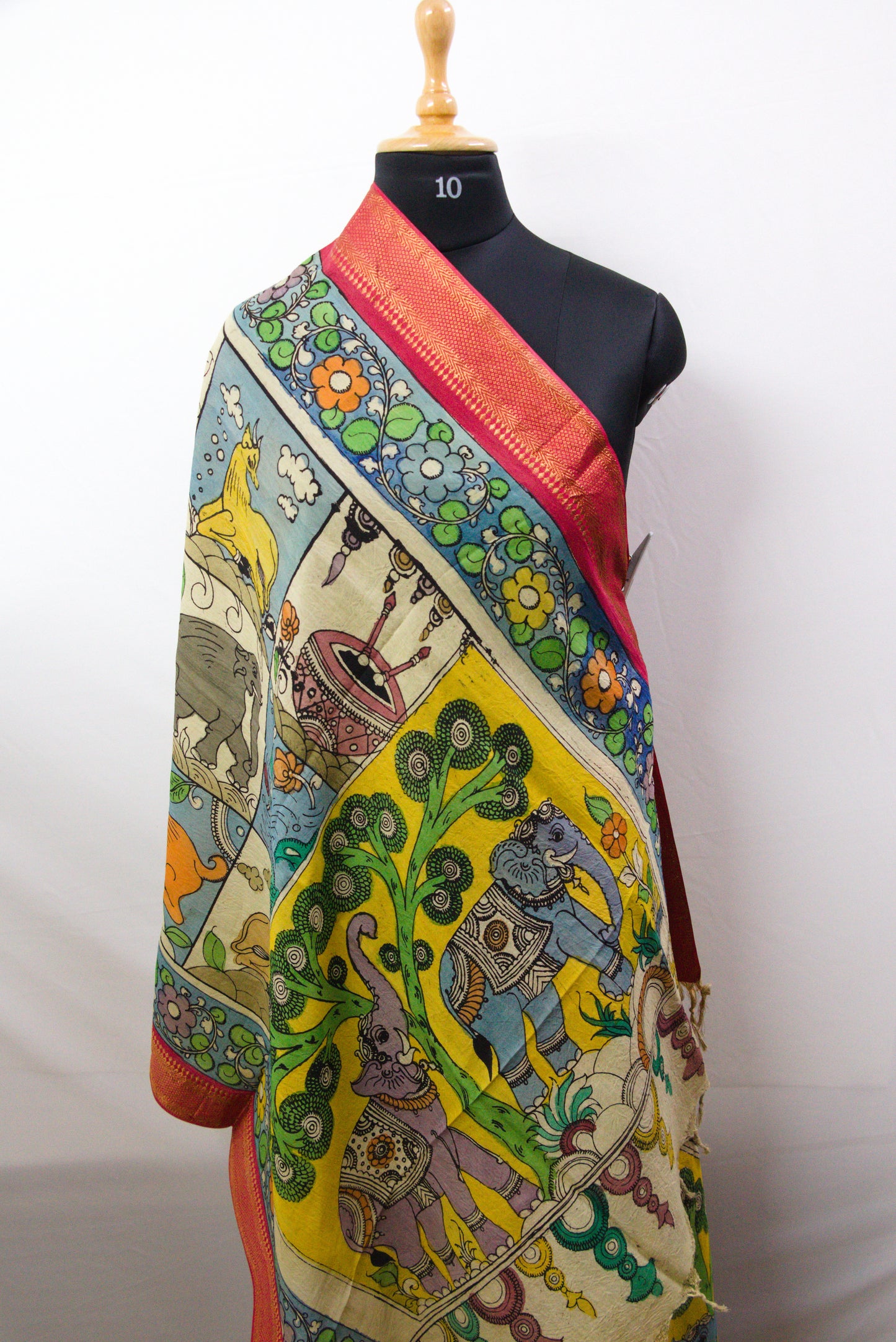 Srikalahasthi Kalamkari handpainted handloom Dupattah with Mangalagiri Border – Bangalore Silk-P0007