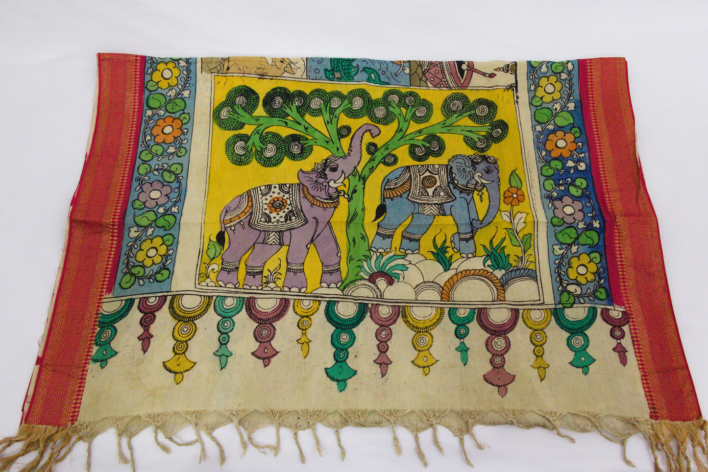 Srikalahasthi Kalamkari handpainted handloom Dupattah with Mangalagiri Border – Bangalore Silk-P0007