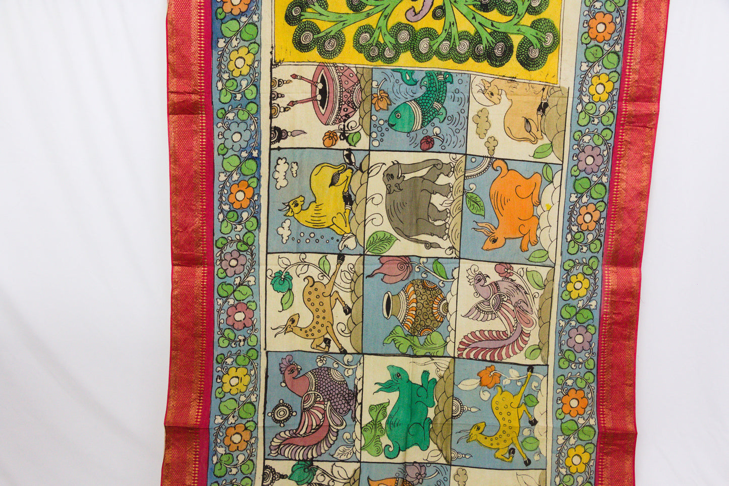 Srikalahasthi Kalamkari handpainted handloom Dupattah with Mangalagiri Border – Bangalore Silk-P0007