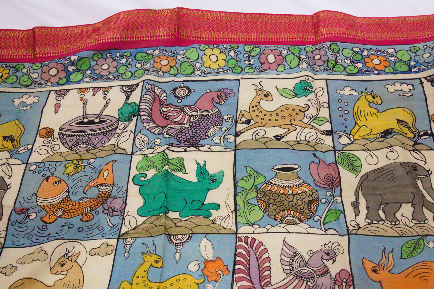 Srikalahasthi Kalamkari handpainted handloom Dupattah with Mangalagiri Border – Bangalore Silk-P0007
