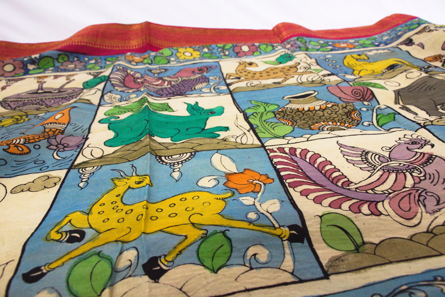 Srikalahasthi Kalamkari handpainted handloom Dupattah with Mangalagiri Border – Bangalore Silk-P0007