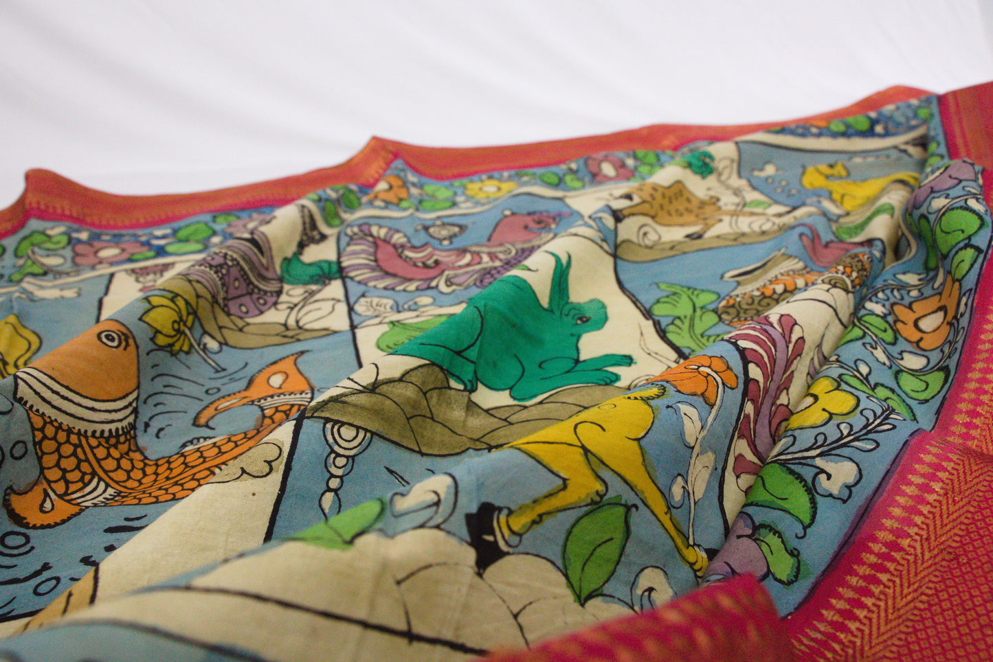Srikalahasthi Kalamkari handpainted handloom Dupattah with Mangalagiri Border – Bangalore Silk-P0007