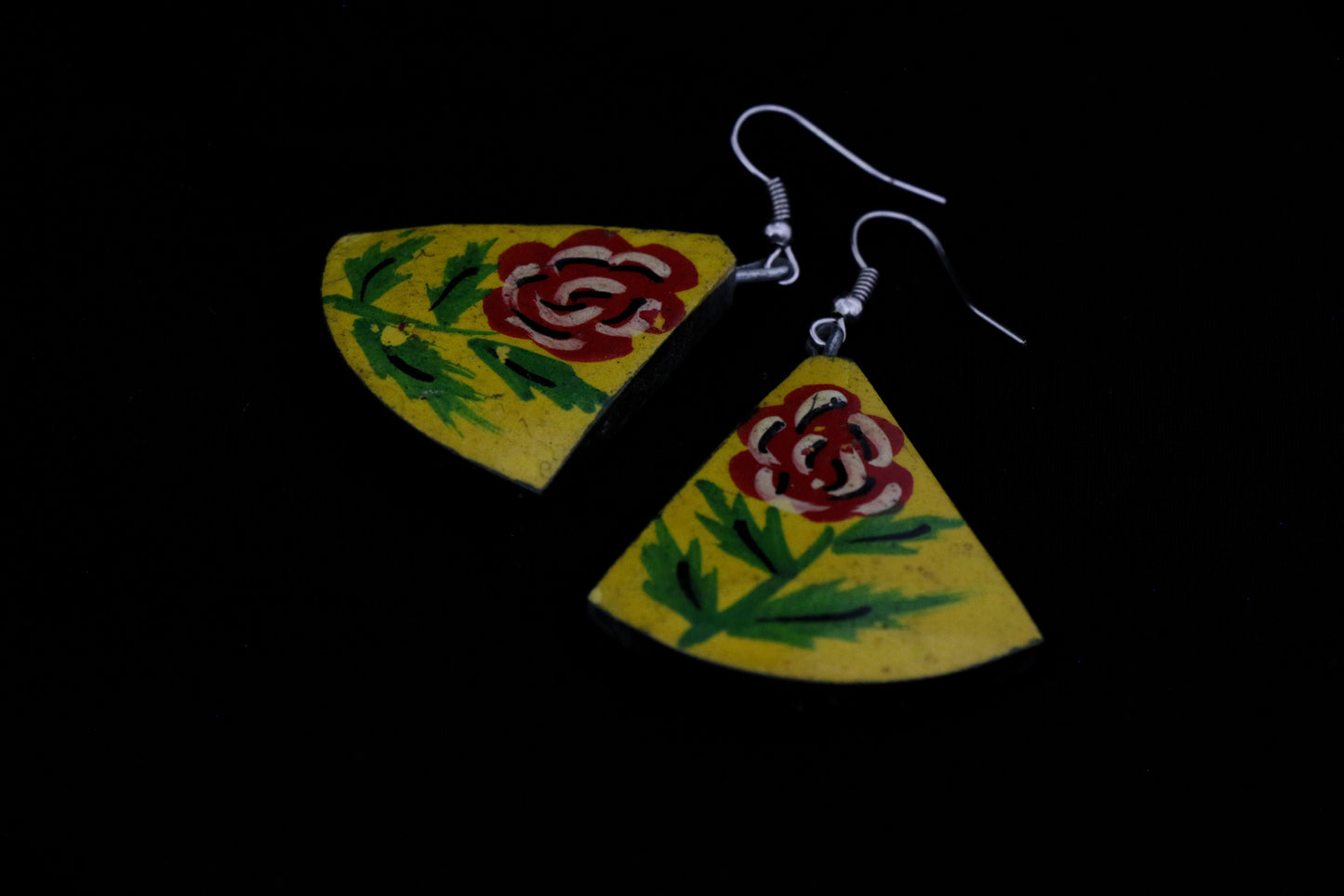 Channapatna wood craft –Locally crafted – Wooden Earrings – Reef gold colored with floral drawing - For Kids / Adults -  P000156