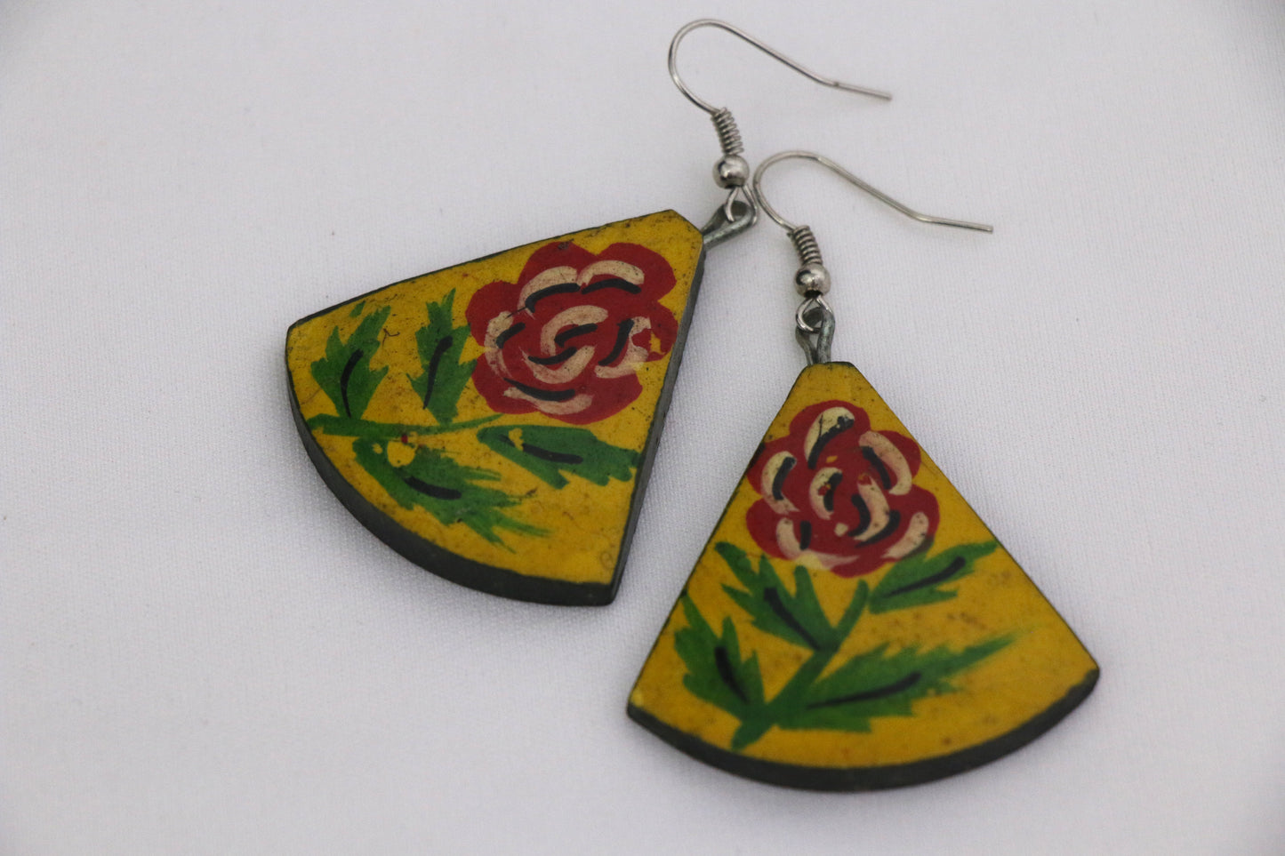 Channapatna wood craft –Locally crafted – Wooden Earrings – Reef gold colored with floral drawing - For Kids / Adults -  P000156