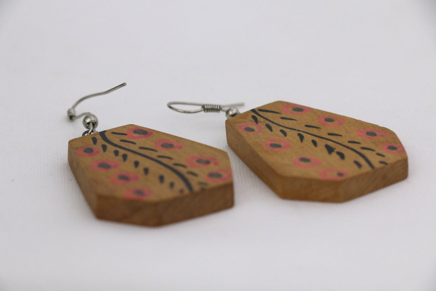 Channapatna wood craft –Locally crafted – Wooden Earrings – Natural wood color with tribal pattern -  For Kids / Adults -  P000160
