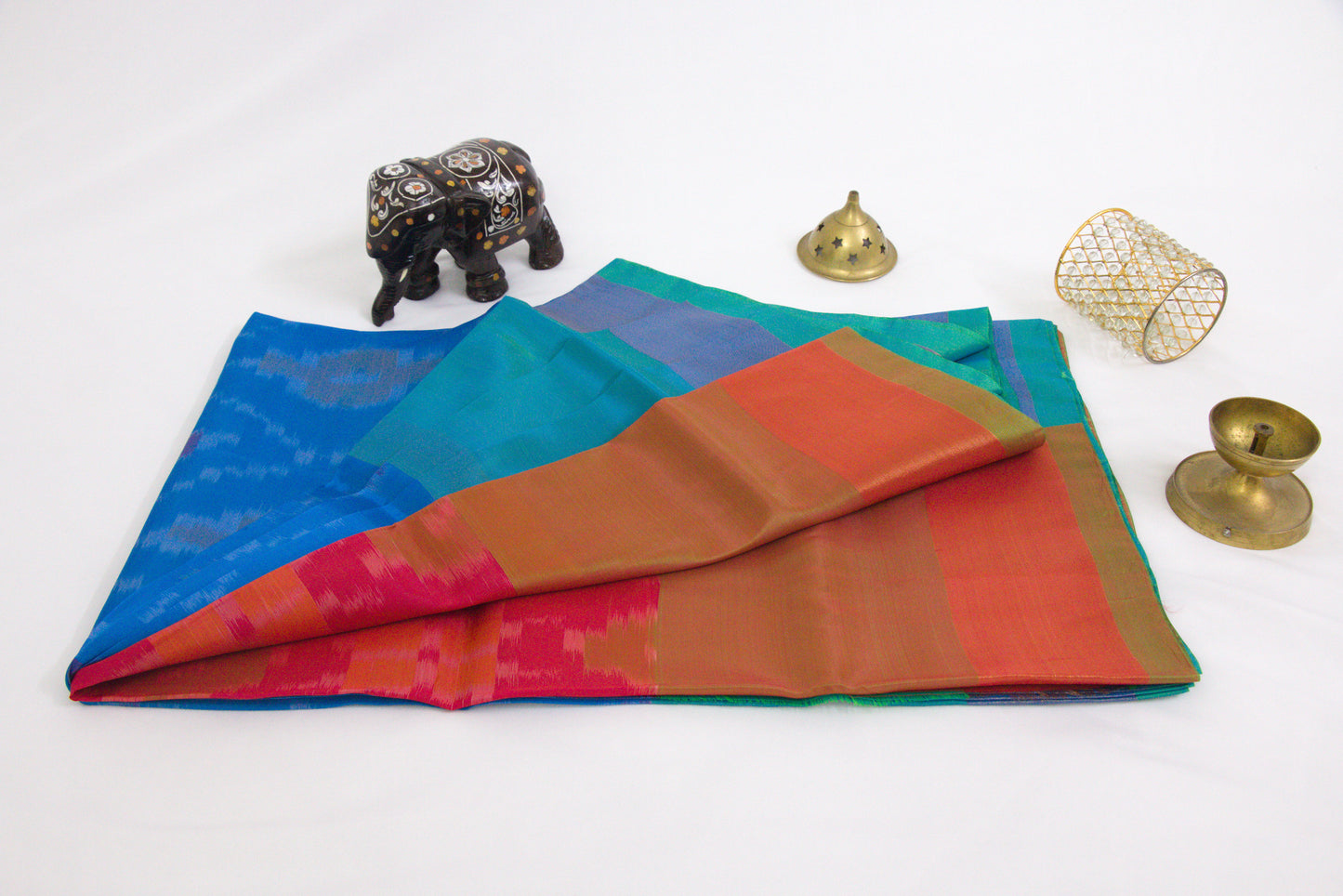 Venkatagiri Saree - Full Ikat Semi Silk – 50% Silk, 50% Cotton – Fun Blue Body – Dusty Red Pallu - Silk cone sarees – P000240