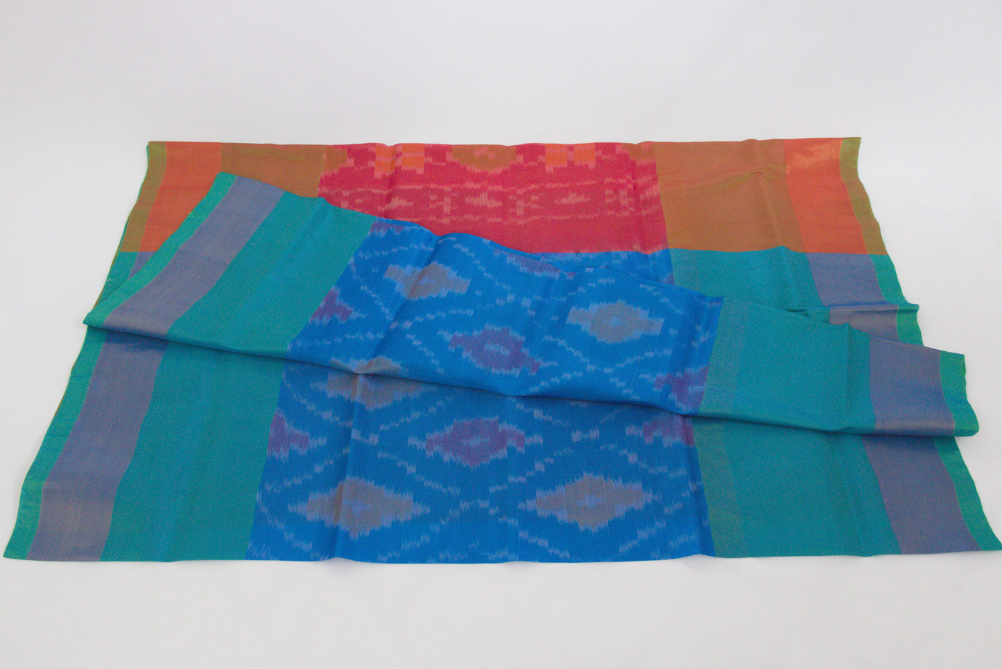 Venkatagiri Saree - Full Ikat Semi Silk – 50% Silk, 50% Cotton – Fun Blue Body – Dusty Red Pallu - Silk cone sarees – P000240