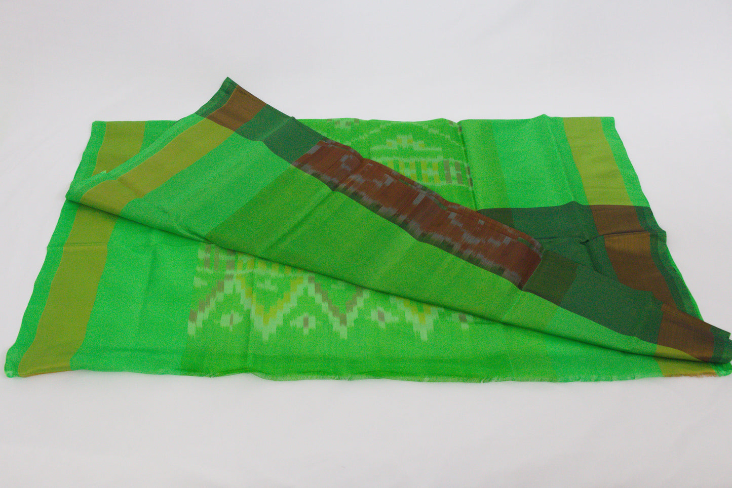 Venkatagiri Saree - Full Ikat Semi Silk – 50% Silk, 50% Cotton – Otter brown Body – Leafy Green Pallu - Silk cone sarees – P000242