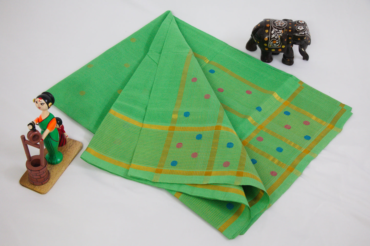 Venkatagiri Ikat Cotton Sarees with Pochampally Ikat border – Fern Green - Bhutta design - 100% Cotton Sarees – Perfect for all occasions – P000246