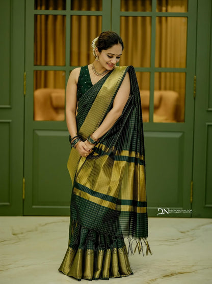Designer Banarasi Semi Katan Saree with rich gold zari weaving, all-over buti motifs, and premium woven borde