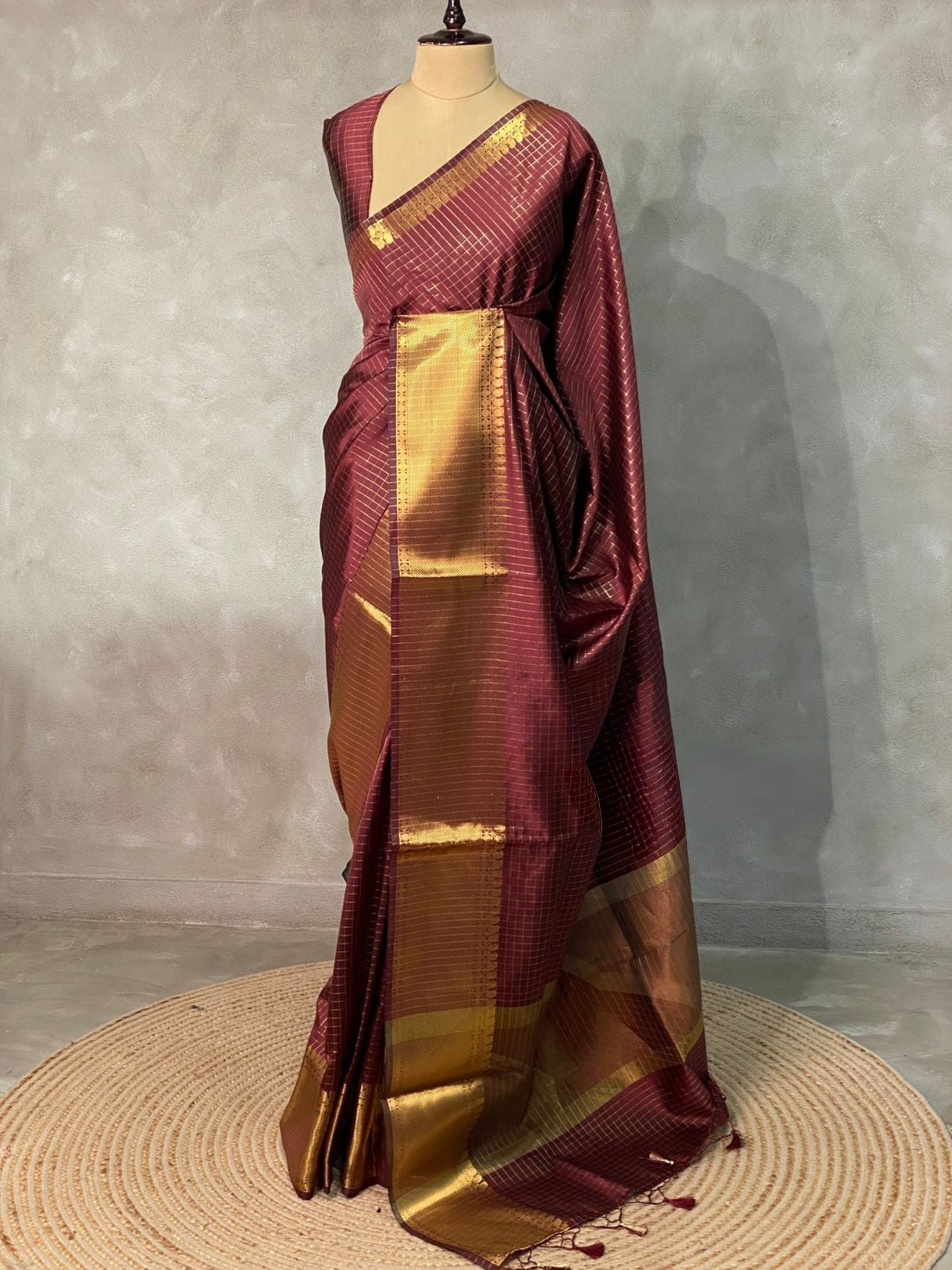 Banarasi Semi Katan Soft Sarees – Wine Berry – Katan Silk Sarees – Gold zari weaving all over New Check pettern designs - P000408