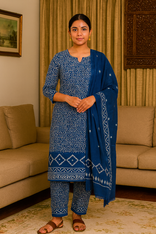 Jaipur Block printed Salwar set – 2 piece Chifon Dupatta Suit – 100% Cotton–Rock Blue / Rhino- Perfect for all occasions – P000293