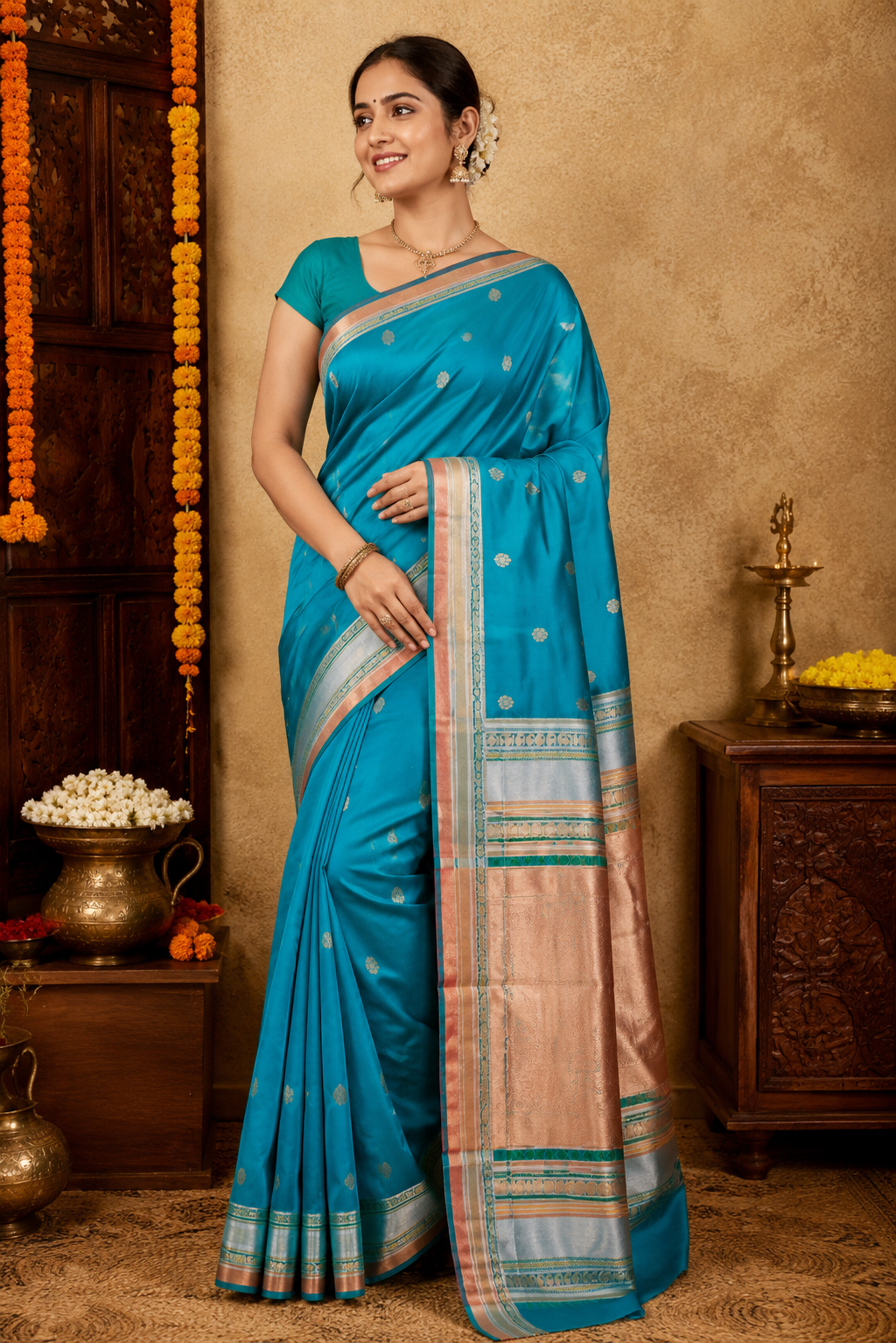 Banarasi Semi Katan Saree in teal blue with gold zari woven buti motifs, elegant check pallu, and matching blouse material
