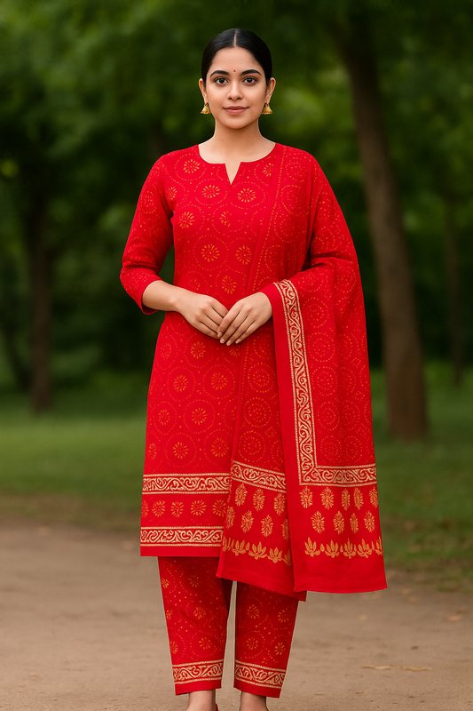 Jaipur Block printed Salwar set – 3 piece MulMul Dupatta Suit – 100% Cotton– Artyclick cool red / Folly -Cotton - MulMul Dupatta Suit – P000292
