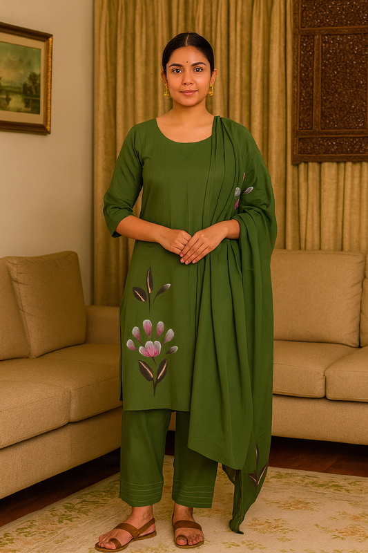 Jaipur Block printed Salwar set – 3 piece Chifon Dupatta Suit– 100% Cotton–Hazel Green / Crocodile- Perfect for all occasions – P000294