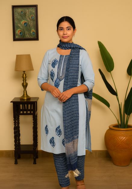 Jaipur Block printed Salwar set – 3 piece Gota Work Suit – 100% Cotton– Link water and dusk blue - Perfect for all occasions – P000286