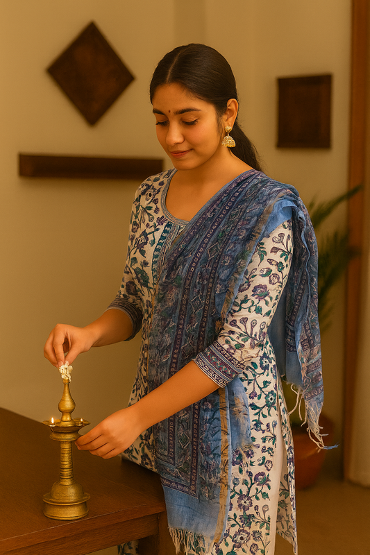 Jaipur Block printed Salwar set – 3 piece Kota Doriya Dupatta suit  – 100% Cotton– Dark Pastel Blue - Perfect for all occasions – P000289
