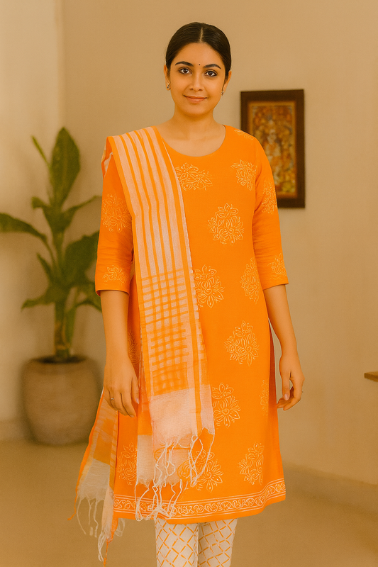 Jaipur Block printed Salwar set – 3 piece Kota Doriya Dupatta suit – 100% Cotton– Carrot Orange - Perfect for all occasions – P000291