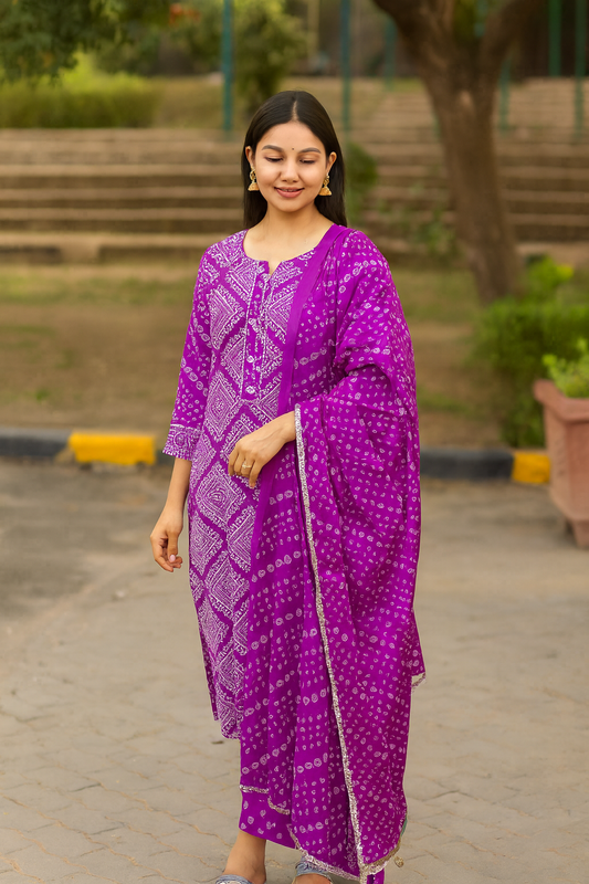 Jaipur Block printed Salwar set – 3 piece Gota Work Suit – 100% Cotton– Warm Purple and white - Perfect for all occasions – P000287