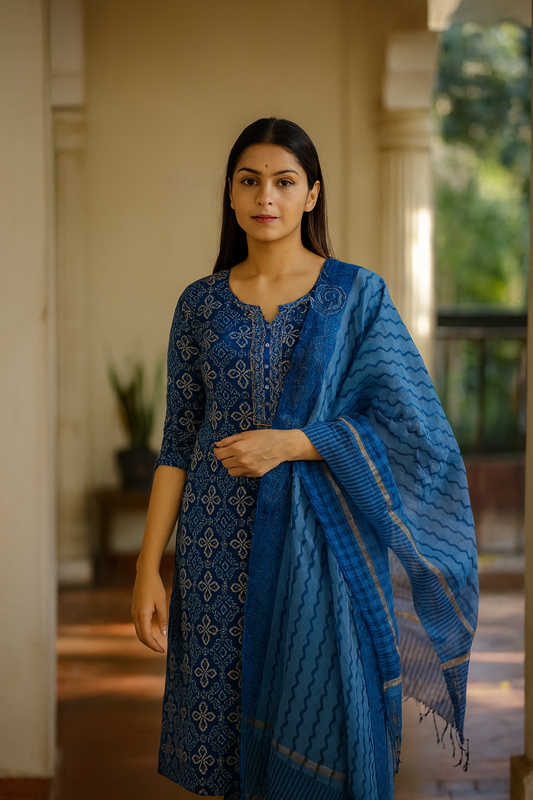 Jaipur Block printed Salwar set – 3 piece Kota Doriya Dupatta Suit– 100% Cotton– Navy Blue - Perfect for all occasions – P000288