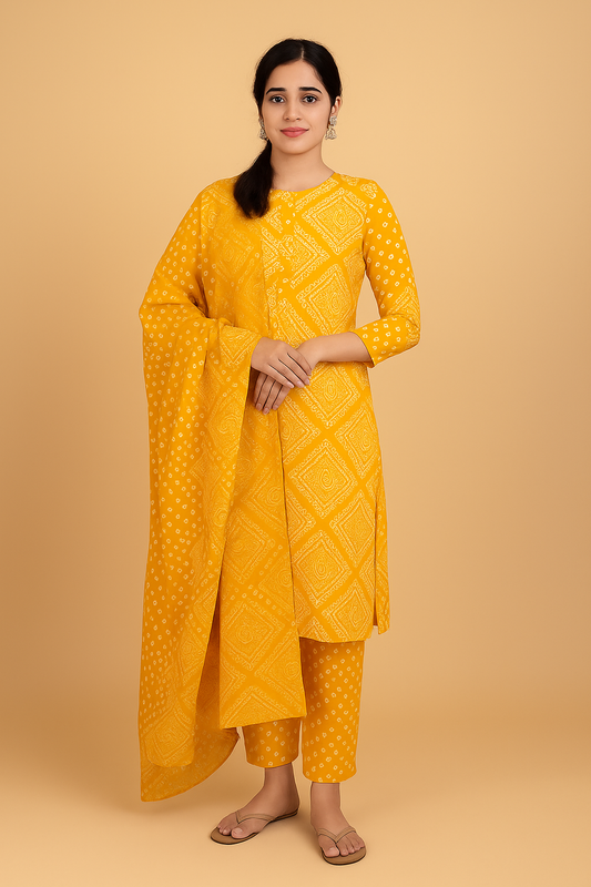 Jaipur Block printed Salwar set – 3 piece Gota Work Suit – 100% Cotton– Chrome Yellow and white - Perfect for all occasions – P000284