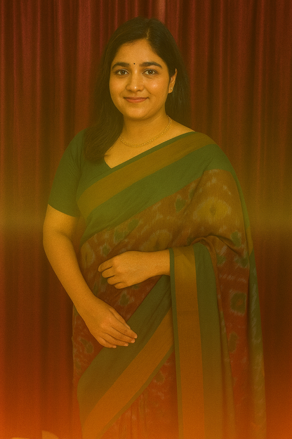 Venkatagiri Saree - Full Ikat Semi Silk – 50% Silk, 50% Cotton – Otter brown Body – Leafy Green Pallu - Silk cone sarees – P000242