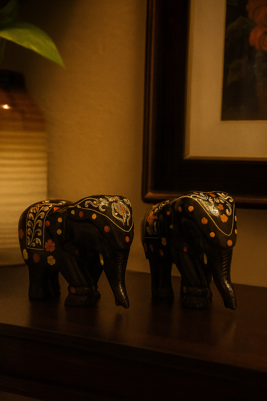 Mysore rosewood craft – Set of two Elephants - 5 inches height - Locally crafted – Rosewood  -  Naturally colored -  Perfect for home decor-  P000168