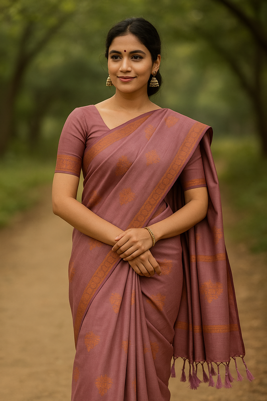 Kanchipuram Pattu Silk Saree – Semi Soft Silk – Bhutta design- Copper Rose  - Zari work in body and pallu - P00177