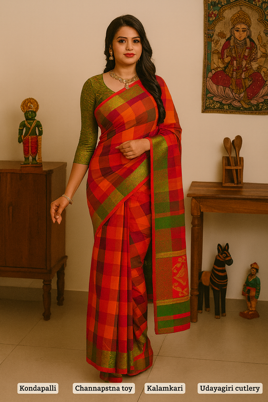 Udupi Cotton Sarees– Velvet Maroon / Bright Maroon and Copper rust Checkered - 100% Cotton Sarees – Perfect for all occasions – P000254