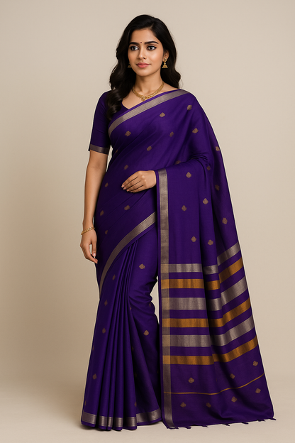 Venkatagiri Ikat Cotton Sarees with Pochampally Ikat border – Royal Purple - Bhutta design - 100% Cotton Sarees – Perfect for all occasions – P000248