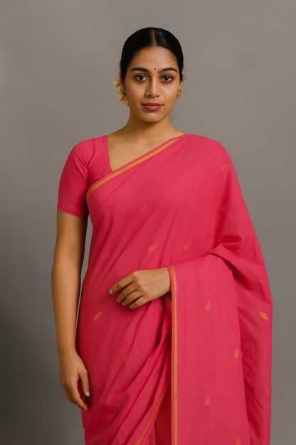 Venkatagiri Ikat Cotton Sarees with Pochampally Ikat border – Dark Pink - Bhutta design - 100% Cotton Sarees – Perfect for all occasions – P000247