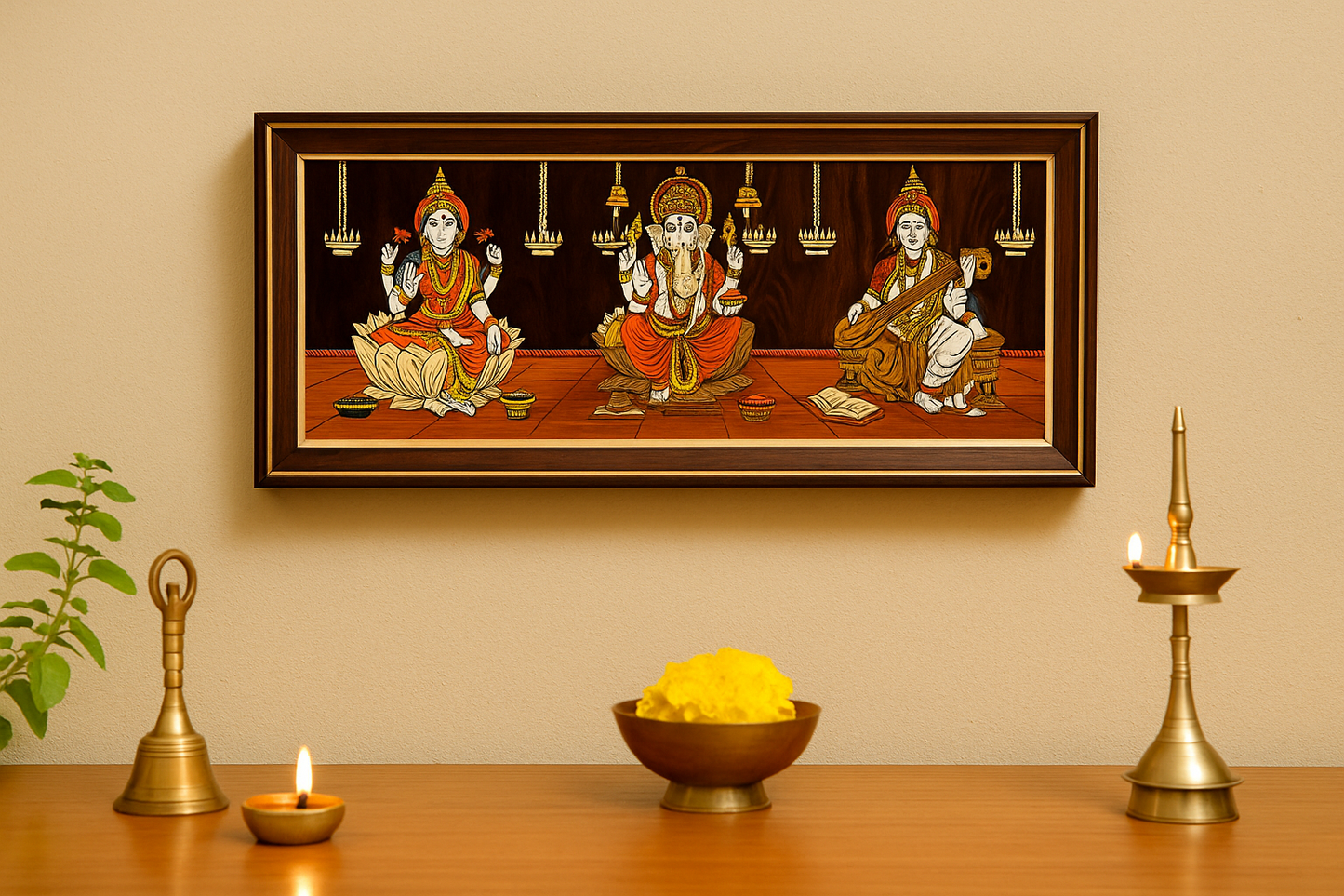 Mysore Wooden Inlay painting  – Ganesha, Lakshmi, Saraswati  - Locally crafted –Perfect for Home Decor  – 32 X 14 inches -  P000277