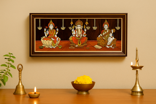 Mysore Wooden Inlay painting  – Ganesha, Lakshmi, Saraswati  - Locally crafted –Perfect for Home Decor  – 32 X 14 inches -  P000277