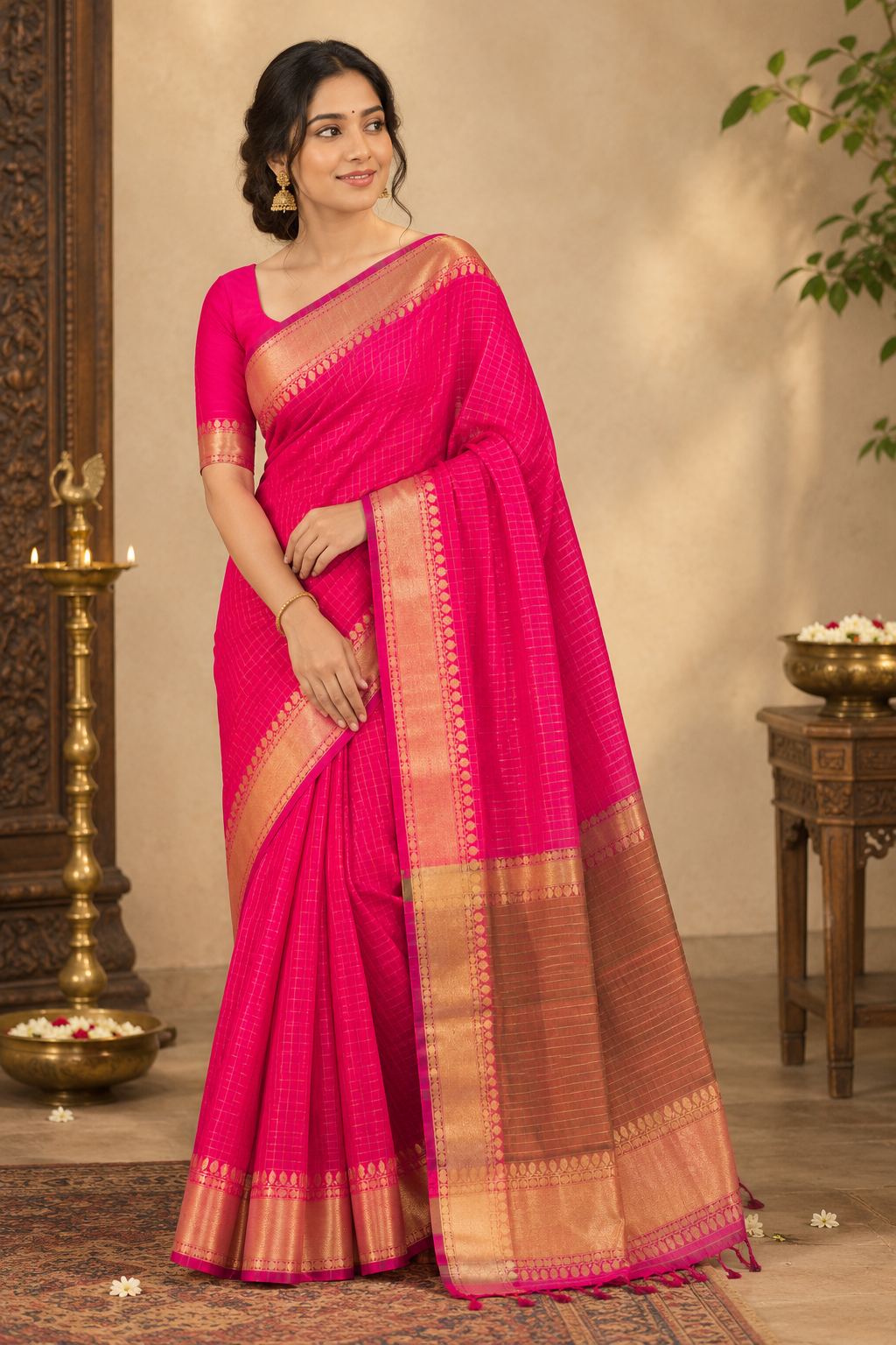 Banarasi Semi Katan Saree in Crimson with gold zari woven buti motifs, elegant check pallu, and matching blouse material