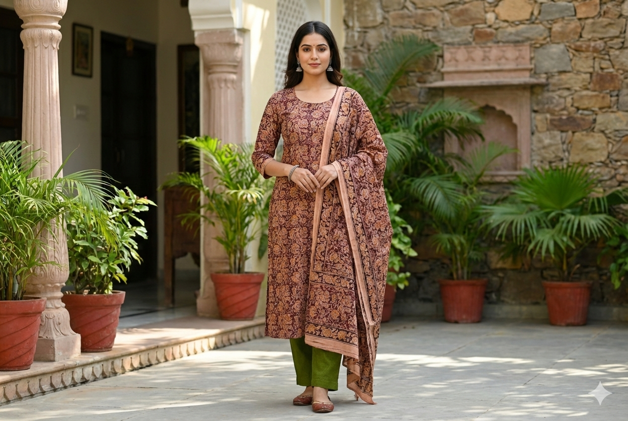 Ethnic brown and green Kalamkari 3 piece salwar suit for women