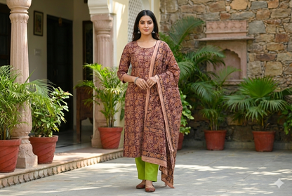 Brown and green Kalamkari 3 piece printed Jaipur salwar suit