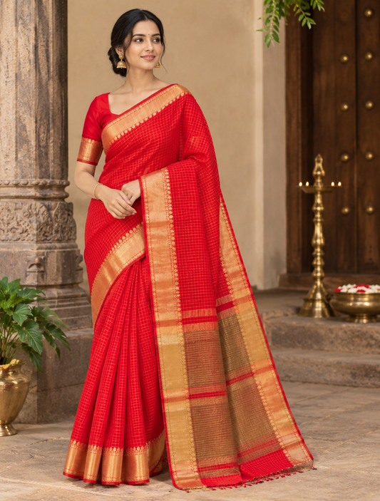 Banarasi Semi Katan Soft Sarees – Cadmium Red – Katan Silk Sarees – Gold zari weaving all over New Check pettern designs - P000412
