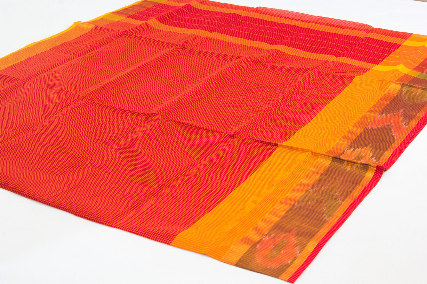 Venkatagiri Ikat Cotton Sarees with Pochampally Ikat border – 100% Cotton Sarees – Lava Red – P00014