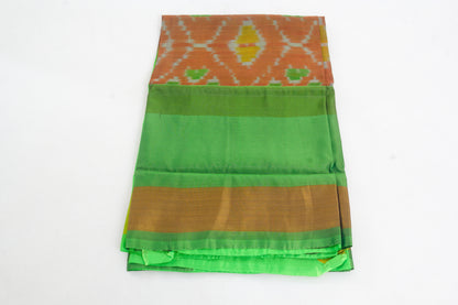 Venkatagiri Saree - Full Ikat Semi Silk – 50% Silk, 50% Cotton – Ruddy Brown Body – Apple Green Pallu - Silk cone sarees – P00017