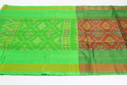 Venkatagiri Saree - Full Ikat Semi Silk – 50% Silk, 50% Cotton – Ruddy Brown Body – Apple Green Pallu - Silk cone sarees – P00017