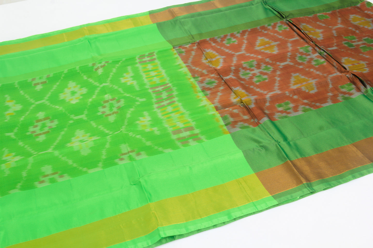 Venkatagiri Saree - Full Ikat Semi Silk – 50% Silk, 50% Cotton – Ruddy Brown Body – Apple Green Pallu - Silk cone sarees – P00017