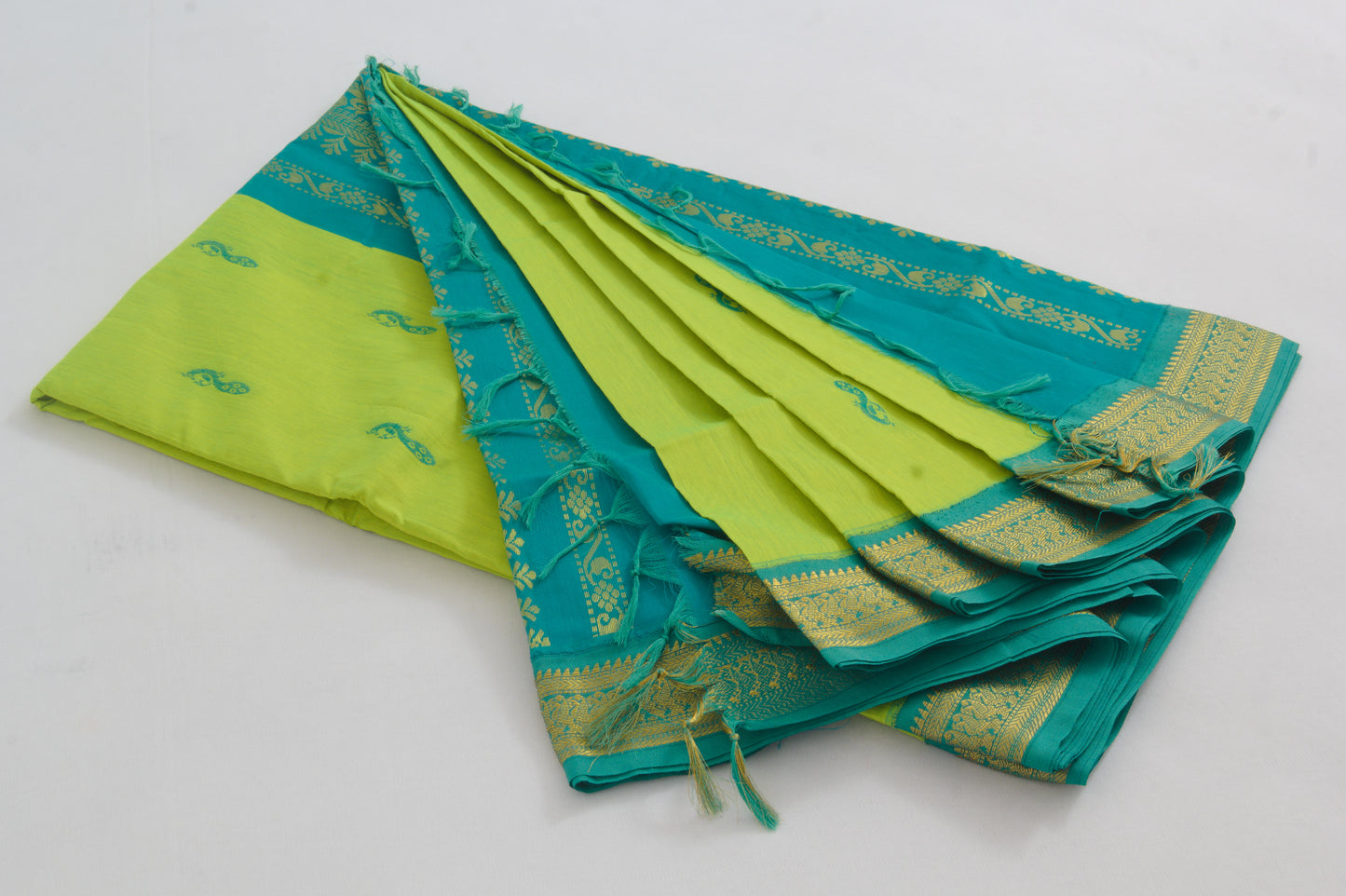 Elampillai Kalyani Cotton Sarees – Android green body with Deep Aqua border - 100% Cotton Sarees – Perfect for all occasions – P000263