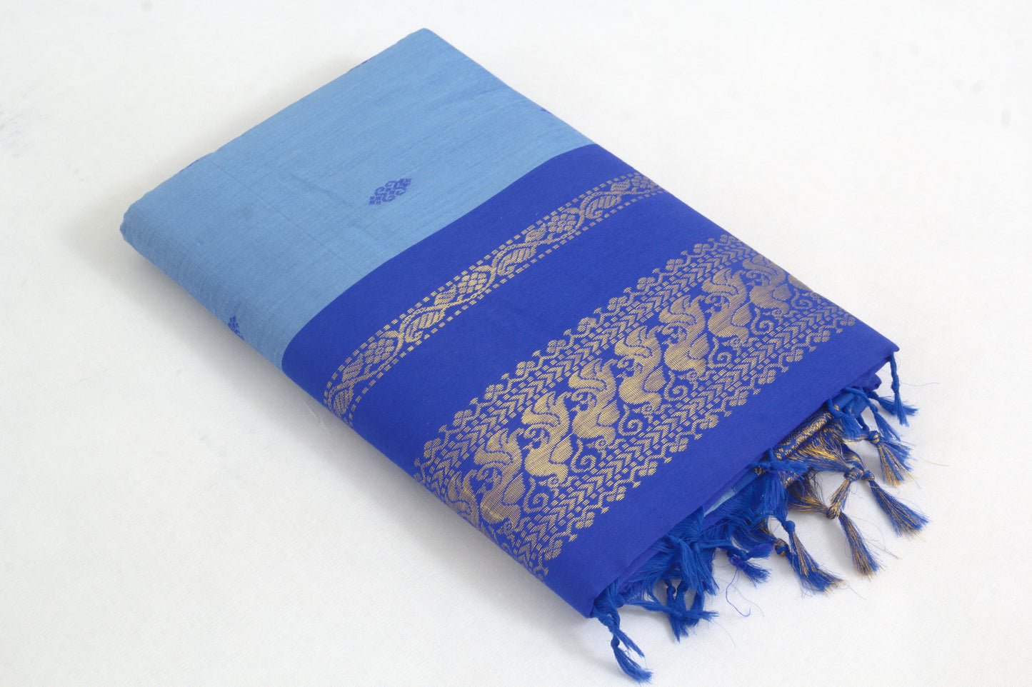 Elampillai Kalyani Cotton Sarees – Glacier body with Cerulean blue border - 100% Cotton Sarees – Perfect for all occasions – P000262