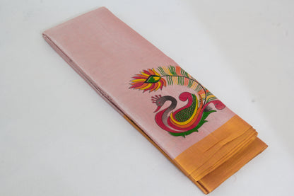 Elampillai Tissue Sarees – Pink Rose body with Golden sheen Border – Plain with Mural painting -  Semi silk Tissue – Perfect for all occasions – P000268