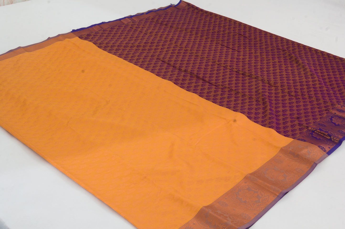 Kanchipuram Pattu Silk Saree – Semi Silk – Cadmium orange body  with magenta red pallu – Bhutta saree with intricate art patterns – Light weight / Soft cloth – Blouse included - P000145
