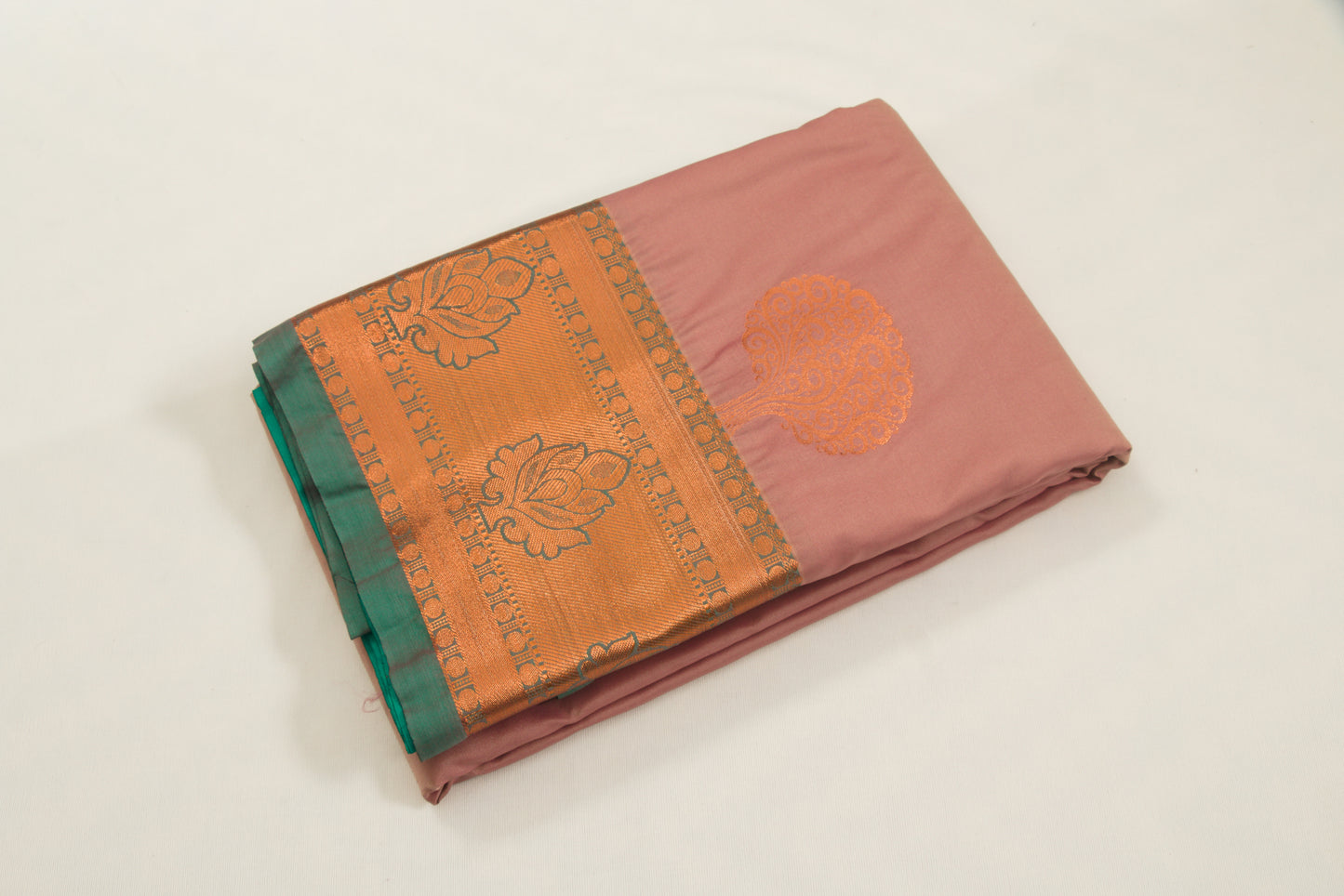 Kanchipuram Pattu Silk Saree – Semi Silk – Pinkish brown body with teal border and  tree design zari work – Bhutta sarees P00125