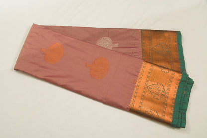 Kanchipuram Pattu Silk Saree – Semi Silk – Pinkish brown body with teal border and  tree design zari work – Bhutta sarees P00125