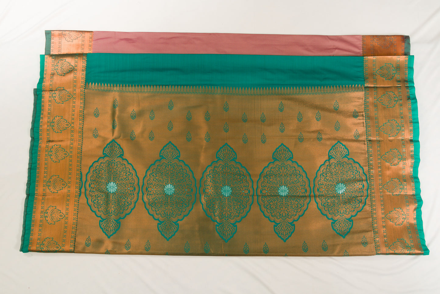 Kanchipuram Pattu Silk Saree – Semi Silk – Pinkish brown body with teal border and  tree design zari work – Bhutta sarees P00125